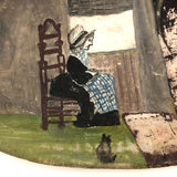 Woman in Chair at Window with Cat, Old Folk Art Painted Seashell