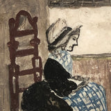 Woman in Chair at Window with Cat, Old Folk Art Painted Seashell