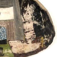 Woman in Chair at Window with Cat, Old Folk Art Painted Seashell