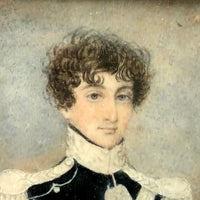 Pair of Miniature Portraits, c. 1820s-30s: Very Handsome Young Man in Uniform and Young Woman  with Ringlets