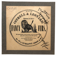 Fancy Furs, Mother's Muff, c. 1900 Cotrell & Leonard, Albany, NY Paper Label, Mounted, As Found