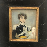 Pair of Miniature Portraits, c. 1820s-30s: Very Handsome Young Man in Uniform and Young Woman  with Ringlets