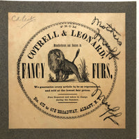 Fancy Furs, Mother's Muff, c. 1900 Cotrell & Leonard, Albany, NY Paper Label, Mounted, As Found