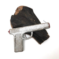 Excellent Old Silver Painted Carved Toy Pistol with (Partial) Leather Holster