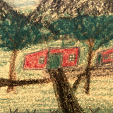 Two Nestled Red Houses, Wonderful Old Child's Crayon on Board Drawing