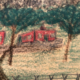 Two Nestled Red Houses, Wonderful Old Child's Crayon on Board Drawing