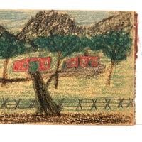 Two Nestled Red Houses, Wonderful Old Child's Crayon on Board Drawing