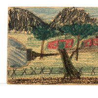 Two Nestled Red Houses, Wonderful Old Child's Crayon on Board Drawing