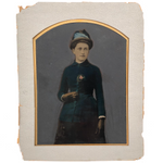 Antique Hand-painted Full Plate Tintype, Woman with Pink Rose and Feathered Hat