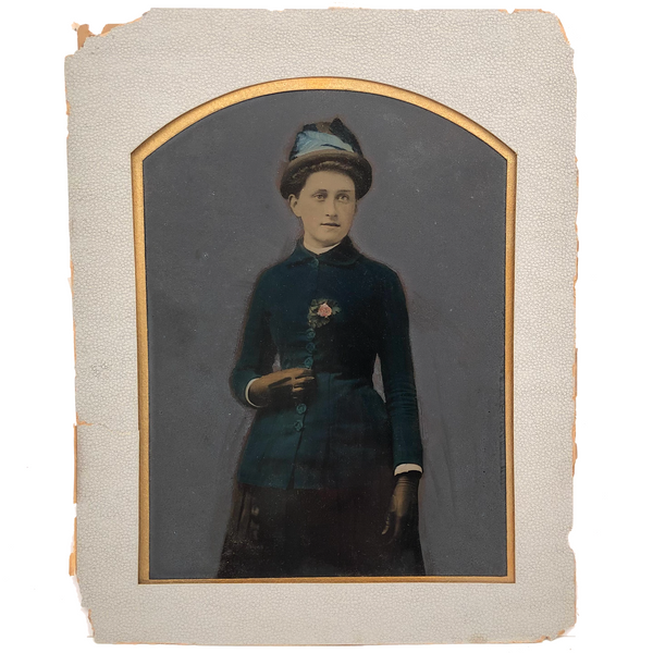 Antique Hand-painted Full Plate Tintype, Woman with Pink Rose and Feathered Hat