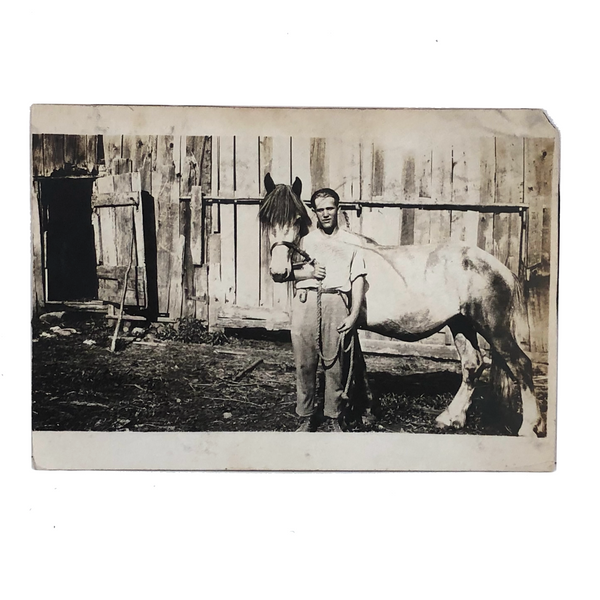 Young Man with Horse and Barn, Thurman, NY, Antique Snapshot