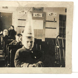 Boy in Dunce Cap in Classroom, Poignant Old Snapshot Photo