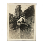 Many Times Awkward, Vintage Snapshot of Young Person Posing on Uprooted Trunk