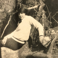 Many Times Awkward, Vintage Snapshot of Young Person Posing on Uprooted Trunk