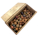 Old Wooden Box Filled with Antique Clay Marbles