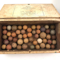 Old Wooden Box Filled with Antique Clay Marbles