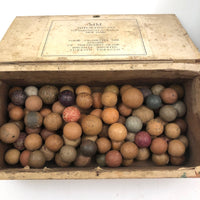 Old Wooden Box Filled with Antique Clay Marbles