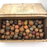 Old Wooden Box Filled with Antique Clay Marbles