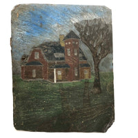 Red House, Blue Sky, Atmospheric Folk Art Roof Slate Painting