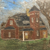 Red House, Blue Sky, Atmospheric Folk Art Roof Slate Painting