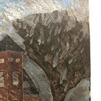 Red House, Blue Sky, Atmospheric Folk Art Roof Slate Painting