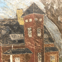 Red House, Blue Sky, Atmospheric Folk Art Roof Slate Painting