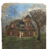 Red House, Blue Sky, Atmospheric Folk Art Roof Slate Painting