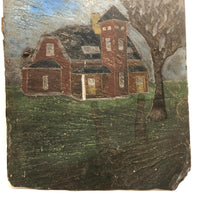 Red House, Blue Sky, Atmospheric Folk Art Roof Slate Painting