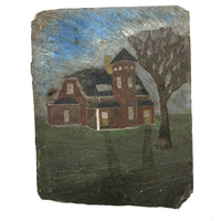 Red House, Blue Sky, Atmospheric Folk Art Roof Slate Painting