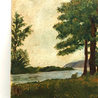 Bank of Trees with View of Water and Mountains, Oil on Canvas Board