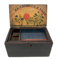 Henrietta Work's Very Wonderful Work! Mid 19th C. Box with Painted Interior Lid and Drawer