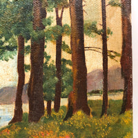 Bank of Trees with View of Water and Mountains, Oil on Canvas Board