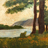 Bank of Trees with View of Water and Mountains, Oil on Canvas Board