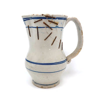 Antique Staple Repaired Hand-thrown Blue and White Stoneware Pitcher