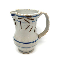 Antique Staple Repaired Hand-thrown Blue and White Stoneware Pitcher