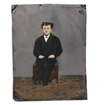 Young Man on Red Stool with Painterly Rug, Antique Folk Art Painted Tintype