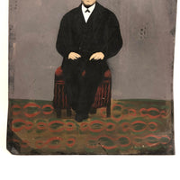 Young Man on Red Stool with Painterly Rug, Antique Folk Art Painted Tintype