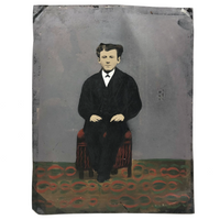 Young Man on Red Stool with Painterly Rug, Antique Folk Art Painted Tintype