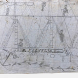 Aboard the Ben Franklin, Wonderful 1854 Naive Drawing with Waving Sailors Everywhere