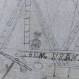 Aboard the Ben Franklin, Wonderful 1854 Naive Drawing with Waving Sailors Everywhere