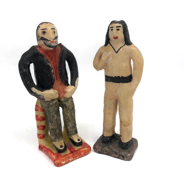 Man with Beard and Man in Beige, Pair of Mexican Folk Art Pottery Figures