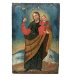 Saint Joseph with Baby Jesus and Anima Sola, c. Late 19th C. Santos Painting on Wood Panel