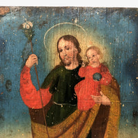 Saint Joseph with Baby Jesus and Anima Sola, c. Late 19th C. Santos Painting on Wood Panel