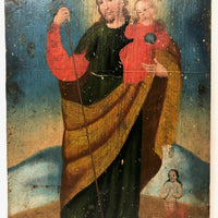 Saint Joseph with Baby Jesus and Anima Sola, c. Late 19th C. Santos Painting on Wood Panel