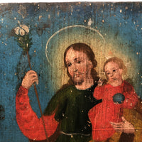 Saint Joseph with Baby Jesus and Anima Sola, c. Late 19th C. Santos Painting on Wood Panel