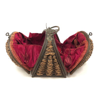 Incredibly Constructed Victorian Leather and Woven Wicker Sewing Basket with Brass Hardware