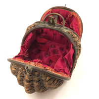 Incredibly Constructed Victorian Leather and Woven Wicker Sewing Basket with Brass Hardware