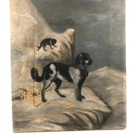 Mountain Dogs on Snowy Cliff with Cross, Antique Oil on Canvas Painting (some damage)