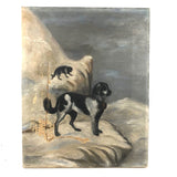 Mountain Dogs on Snowy Cliff with Cross, Antique Oil on Canvas Painting (some damage)