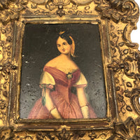 19th C. Diminutive Portrait of Lovely Young Woman in Rose on Tin in Repousse Frame